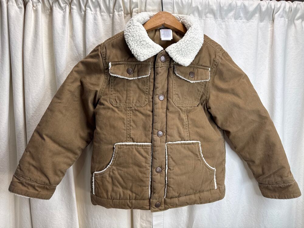 Gymboree Brown Cotton Canvas Sherpa Trim Coat Jacket Boy's Size Medium (7-8)